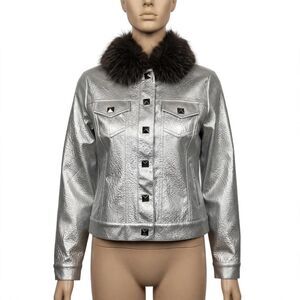 Boston Proper Silver Glam Rock Metallic Faux Leather Jacket Fur Collar Studded M